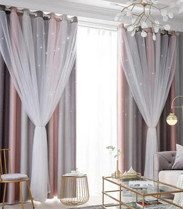 Ombre Stars Curtains Double Layers Blackout Gray Pink Grommet -2 Panels, 52X96