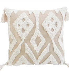 Beige And White Zippered Throw Pillow With Tassels - 17