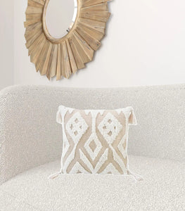 Beige And White Zippered Throw Pillow With Tassels - 17