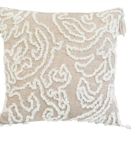 Beige And White Abstract Throw Pillow With Tassels - 17