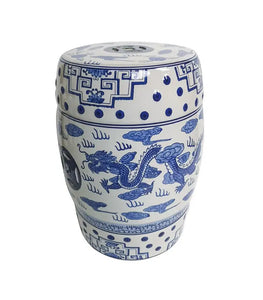 Blue & White Ceramic Chinoiserie Dragon Stool - 18