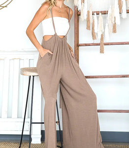 Wide Leg Solid Textured Knit Suspender Pants