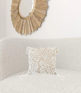 Beige And White Abstract Throw Pillow With Tassels - 17